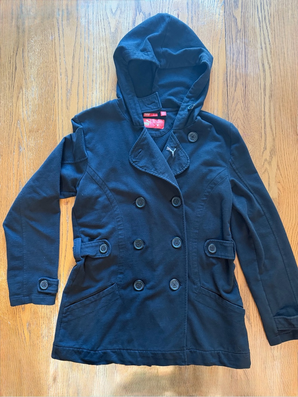 Women's Hooded Double-Breasted Coat - BLACK